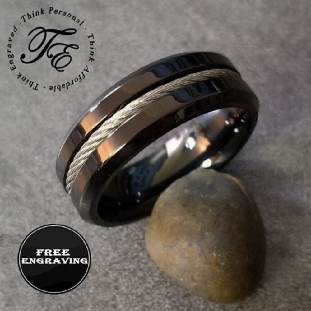 Personalized Engraved Men's Black Cable Inlay Promise Ring - Guys Promise Ring